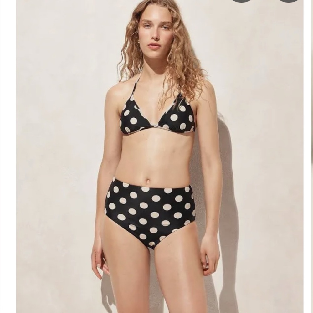 J Crew Hallie bikini bottom in dot-stripe print black & tan